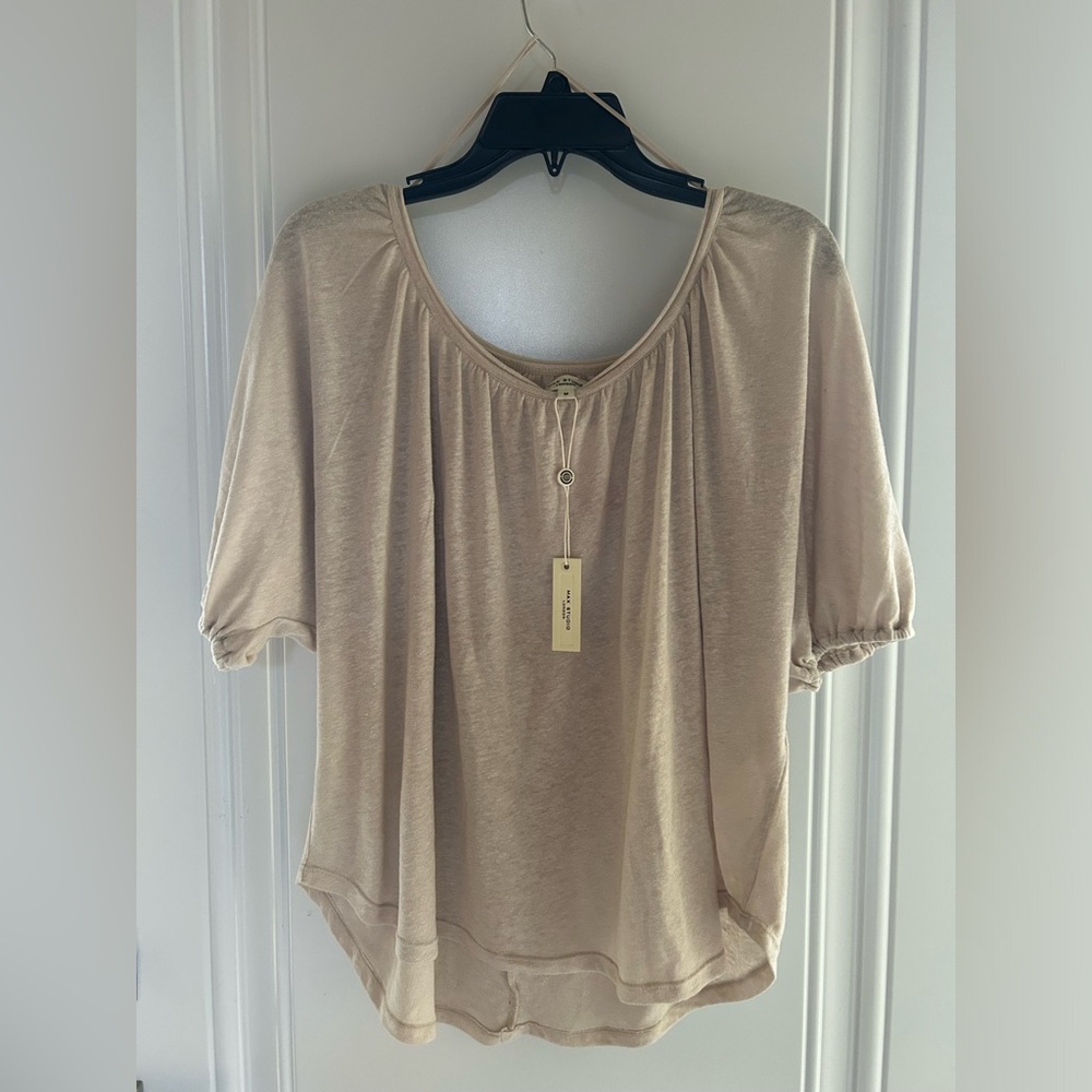 Max Studio Beige Scoop Neck Short Sleeve Blouse